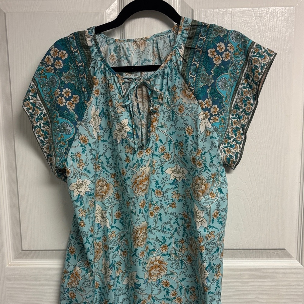 SHEIN Teal and Floral Print Blouse